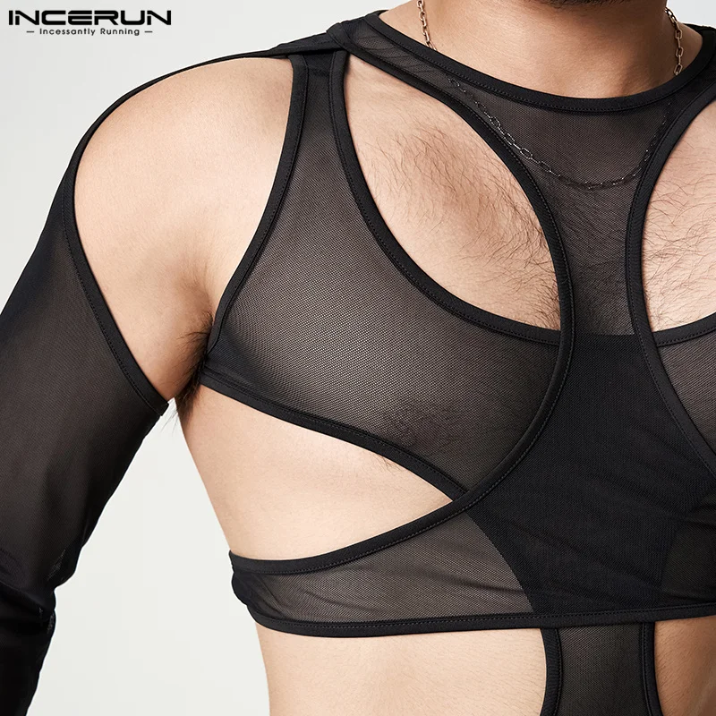 INCERUN-body de malla transparente para hombre, ropa interior lisa ahuecada, Sexy, cuello redondo, manga larga, pijama Irregular, 2023