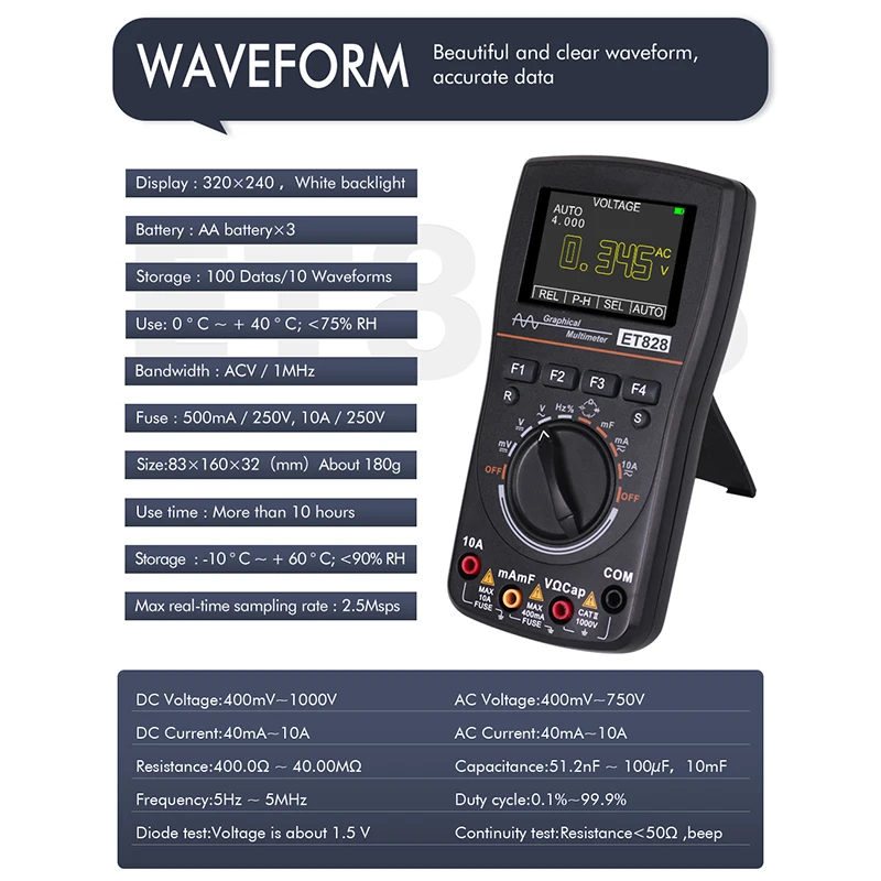 

ET828 2 in 1 LED Oscilloscope Multimeter Handheld Color Screen Scope Digital Storage Oscilloscope Digital Multimeter jasmine