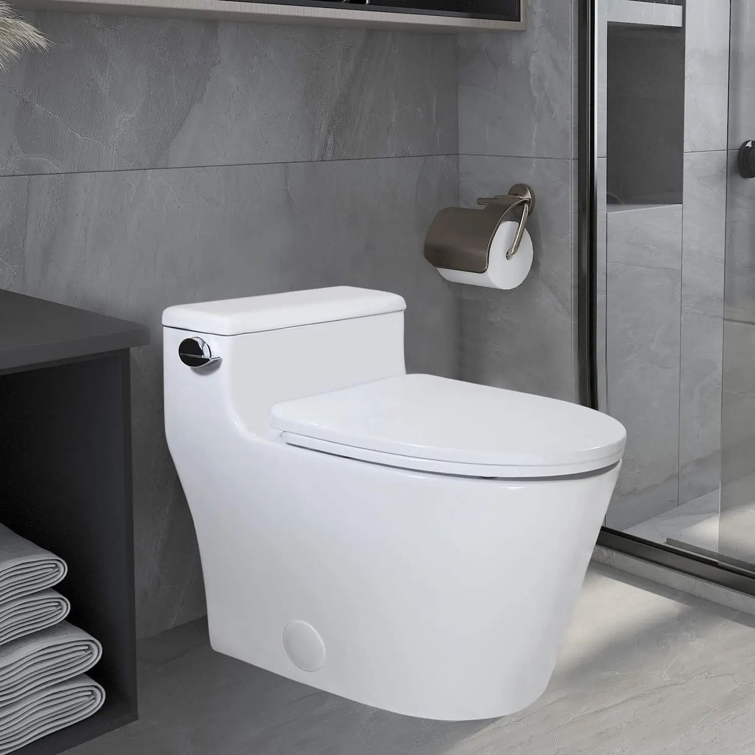 WZ5081 Elongated One Piece Toilet Low Profile High Efficiency Side Flush 1.28 GPF with Soft Close Seat White