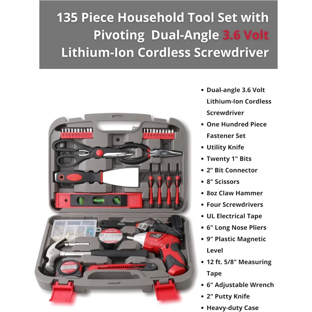 Kit d'outils ménagers complet de 135 pièces avec tournevis sans fil à Angle réglable de 3.6V