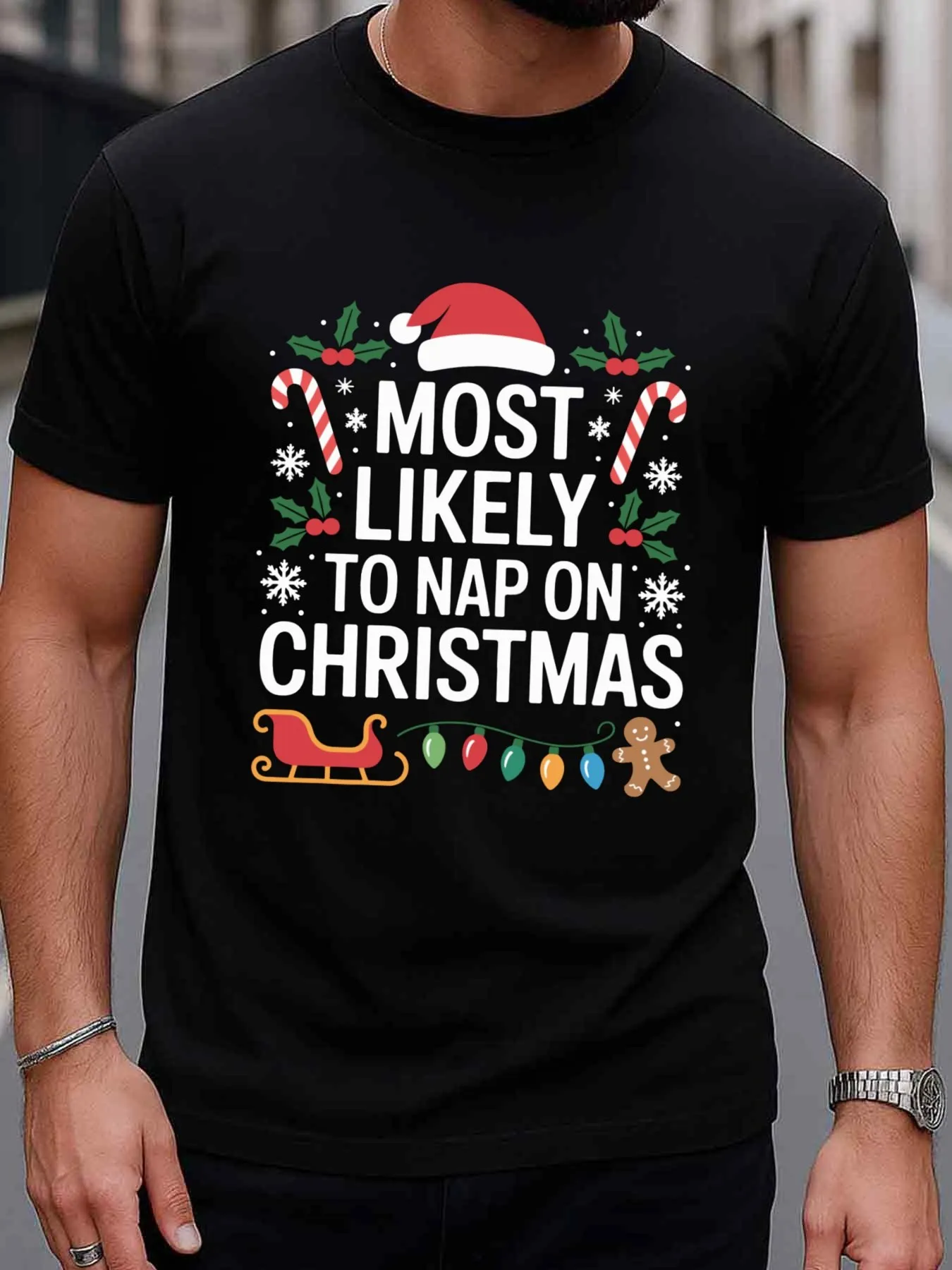 Funny Men's Black Graphic T-Shirt Santa Hat Candy Cane Holly Snowflake Sleigh Gingerbread Holiday Slogan Print 100% Cotton Heavyweight Short Sleeve Casual Streetwear Tee