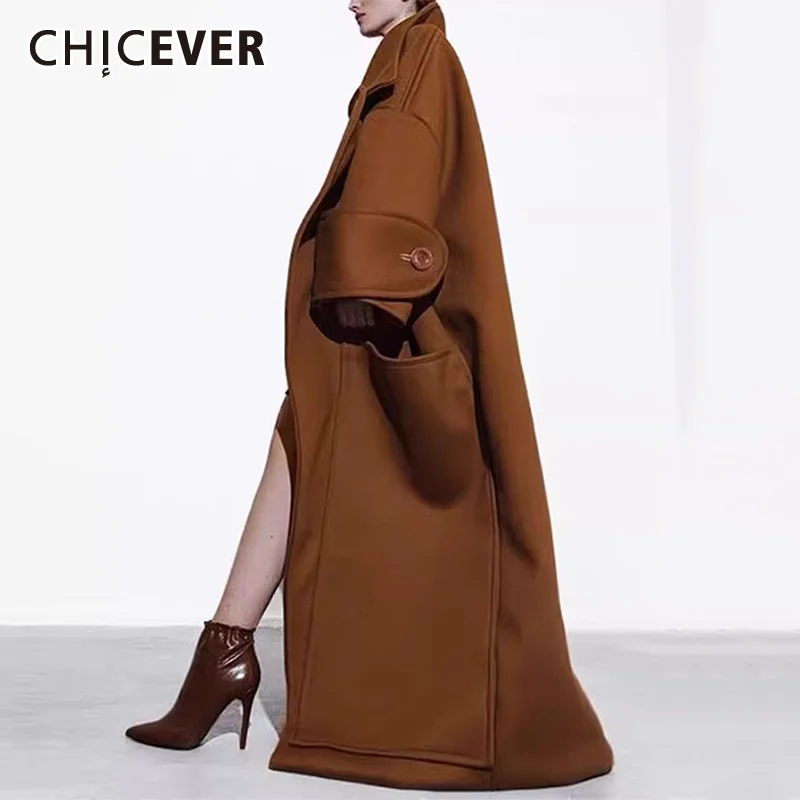 CHICEVER Solid Designer Windbreaker For Women Lapel Long Sleeve Patchwork Lager Pockets Runway Fashionable Style Coat Female New