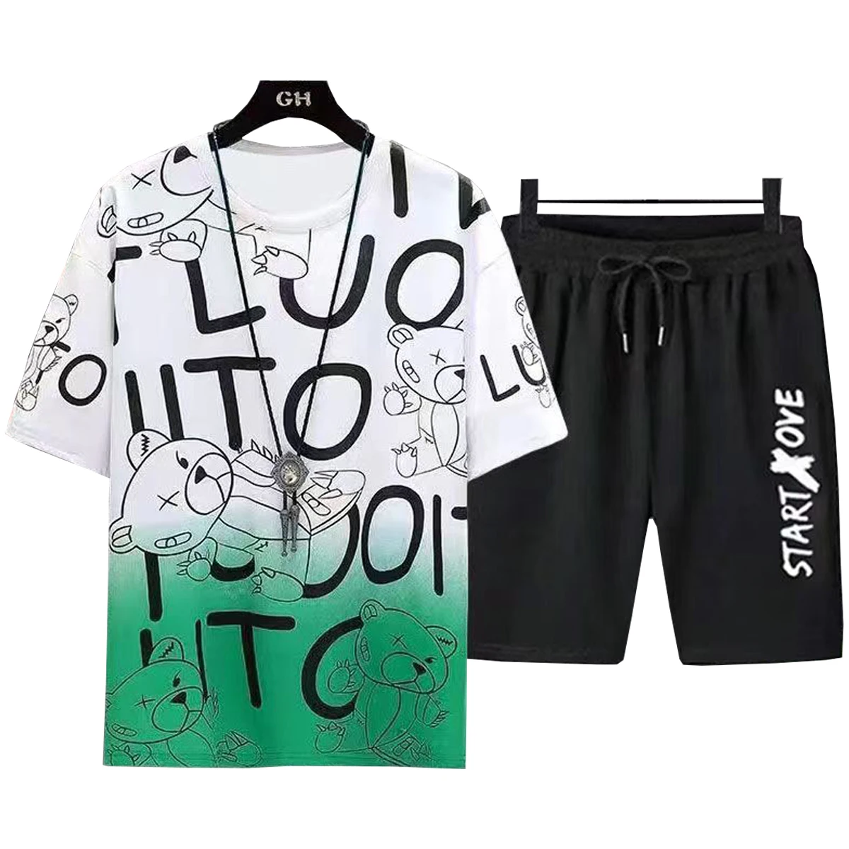 Men's Short Sleeved T-shirt Casual Shorts Set Round Neck Fashionable Printed Five Quarter Shorts Spring Summer Young People