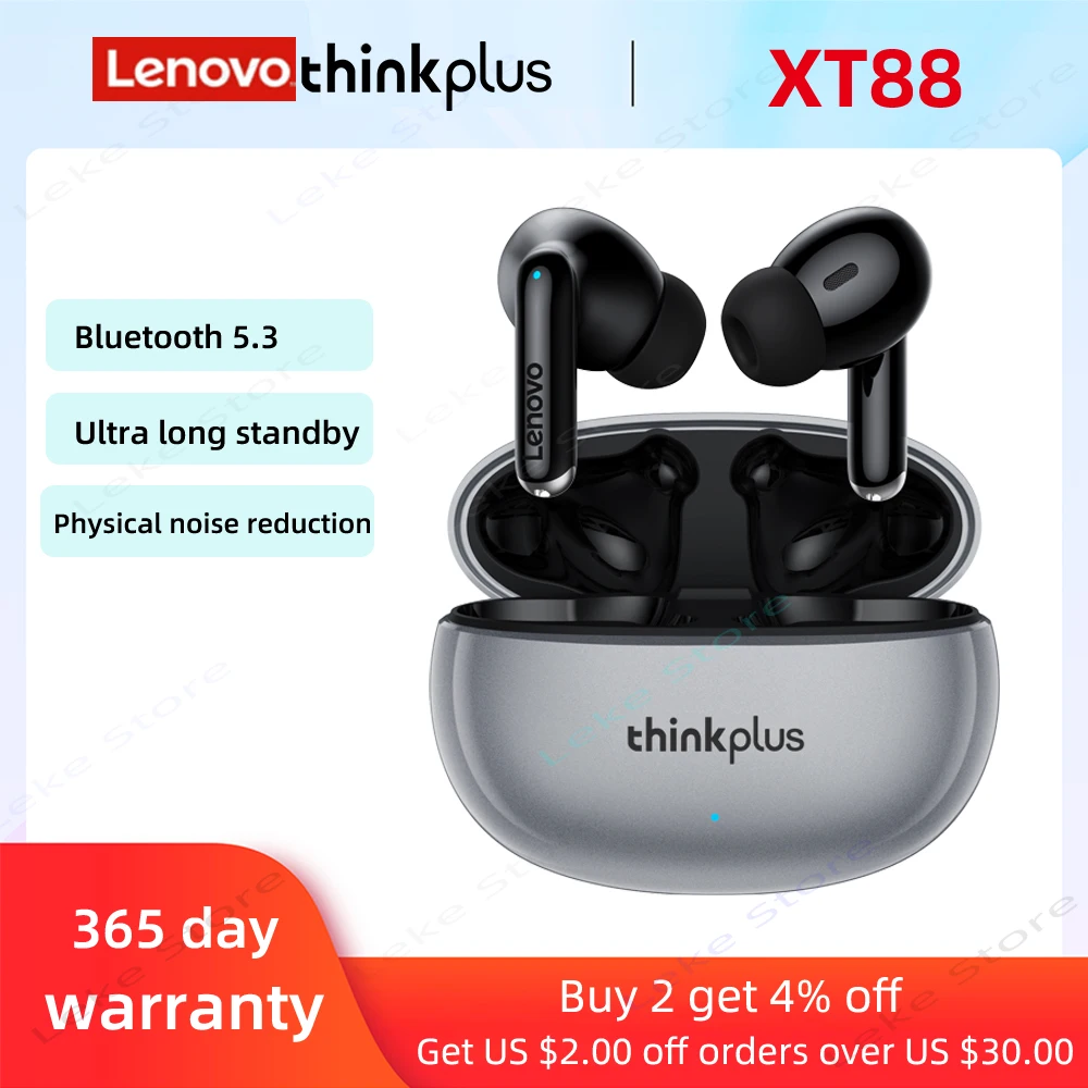 NEW Original Lenovo XT88 TWS Wireless Earphone Bluetooth 5.3 Dual Stereo Noise Reduction Bass Touch Control Long Standby 250mAH