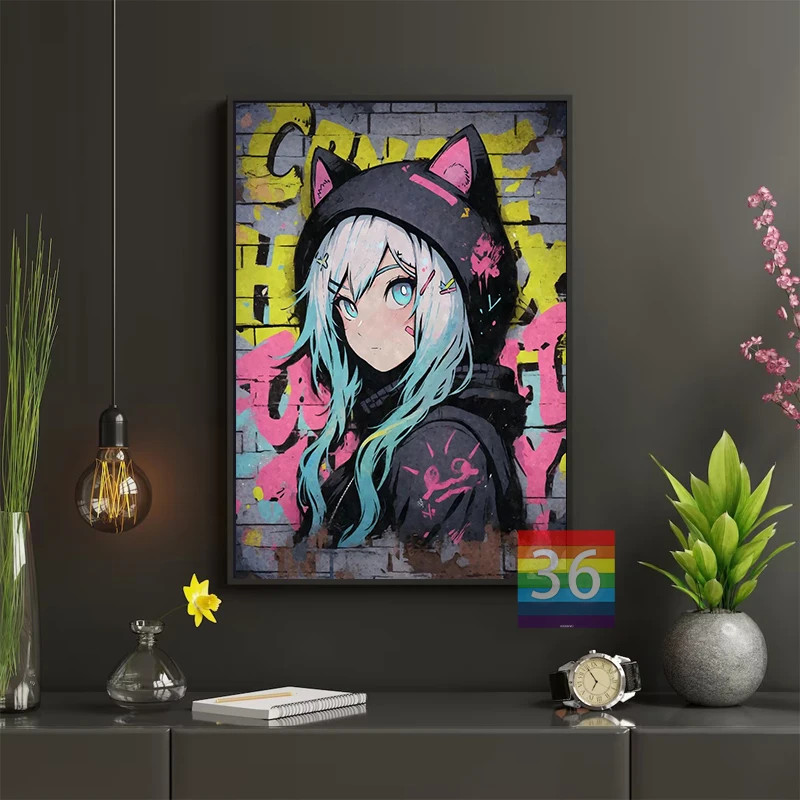 Anime Girls Portrait Graffiti Poster Canvas Printing Kawaii Cat Girl Artwork Prints Decor Gaming Room Home Decoration Boys Gift