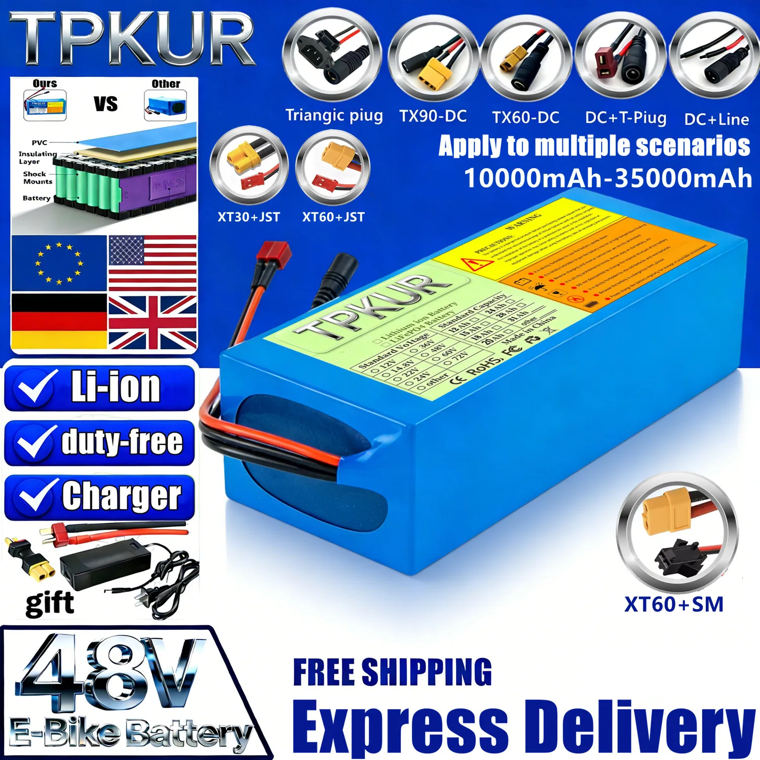 TPKUR 48V 10Ah,15AH ,20AH, 25AH, 35AH ,13S,5P, 6P,4P,3P lithium battery pack large capacity suitable for 250-1500W built-in BMS