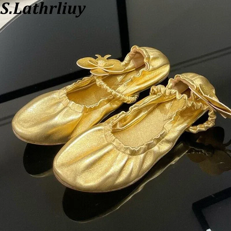 Spring Autumn Round Toe Real Leather Pleated Flat Shoes Women Soft Soled Ballet Shoes Elastic Band Flower Design Mary Jane Shoes