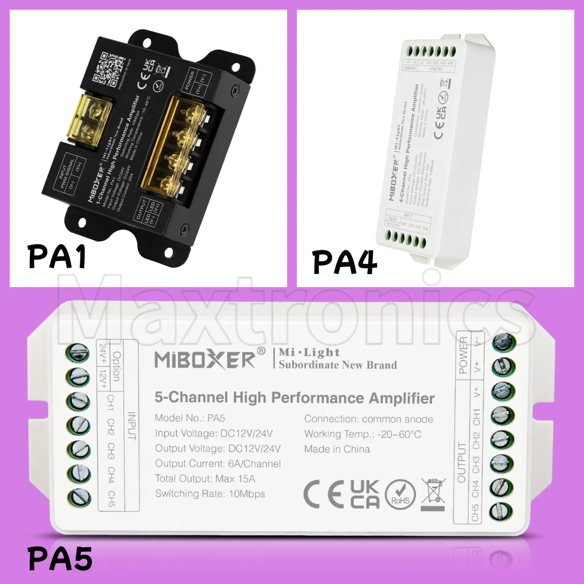 

MiBoxer 1-Channel /4-Channel /5-Channel High Performance Amplifier DC12/DC24V Max 15A/25A Strong compatibility LED Strip Light