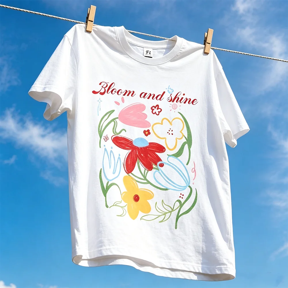 Women Vintage Floral Print T‑Shirt Bloom And Shine Letter Graphic Tee Casual Loose Short Sleeve Tops Summer Aesthetic Streetwear