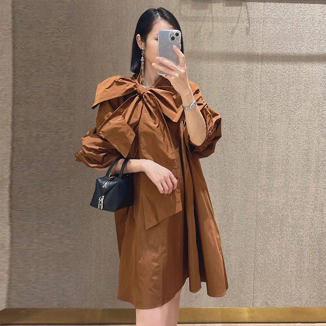 New Fashion Autumn Loose Sweet Dress Women Lace-up Big Bow Collar Lantern Long Sleeve Loose Solid Color Mini Casual Dresses