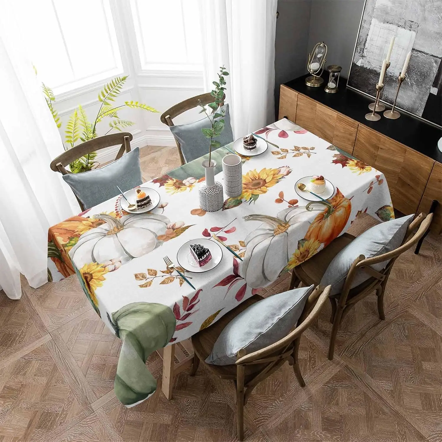 Fall Harvest Pumpkins Maple Leaves Rectangle Tablecloth for Table Decor Reusable Kitchen Dining Tablecloth Autumn Decoration