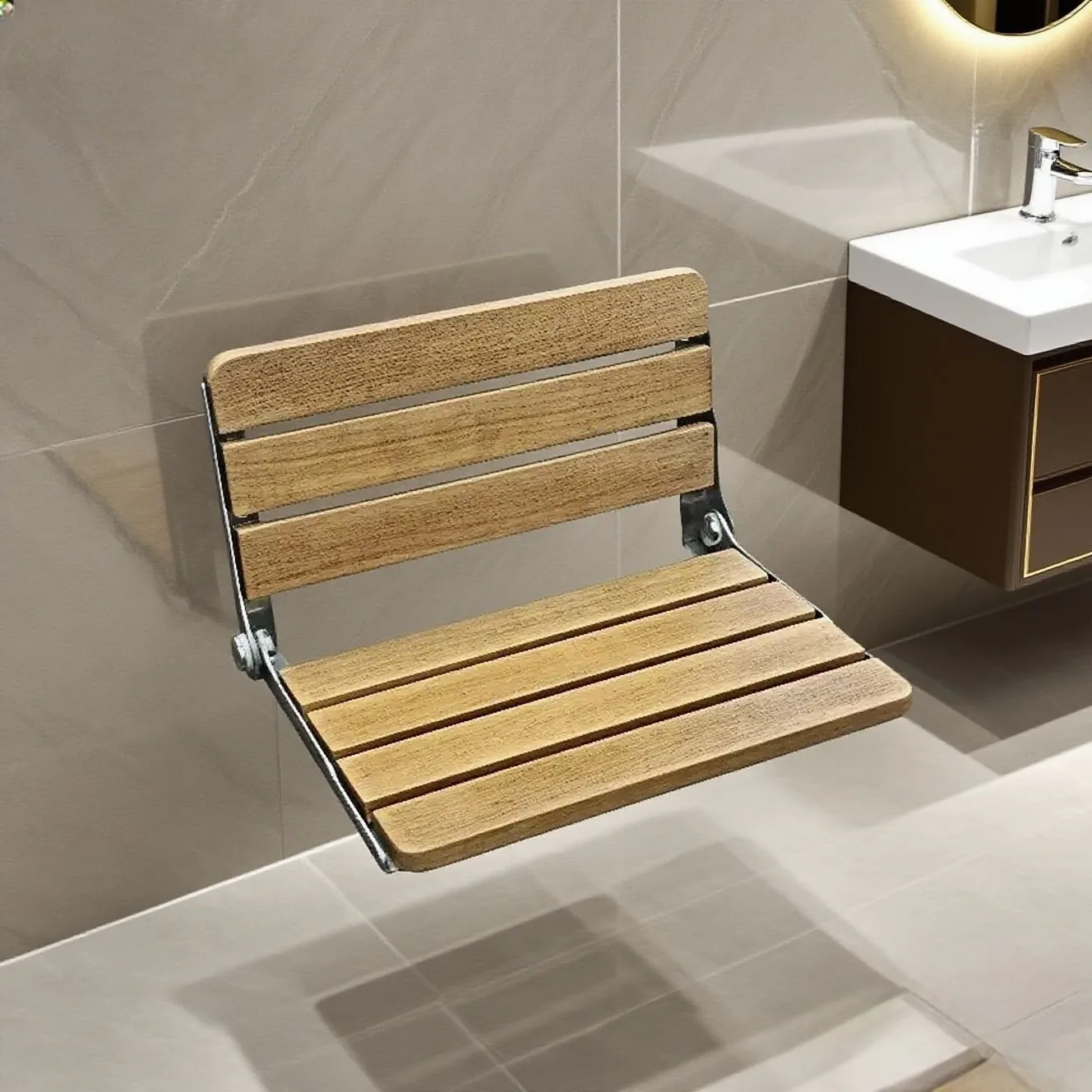 

Solid Wood Folding Shower Stool—Foldable, Versatile for Bathrooms and Entryways, Wall-Mounted, Non-Slip