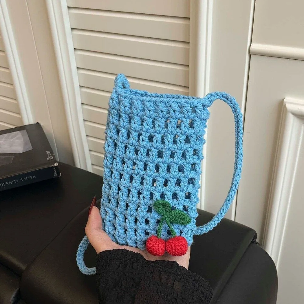 Korean Style Hollow Knit Woven Crossbody Bag Handwoven Mini Phone Purse Boho Cute Cherry Shoulder Bag Women