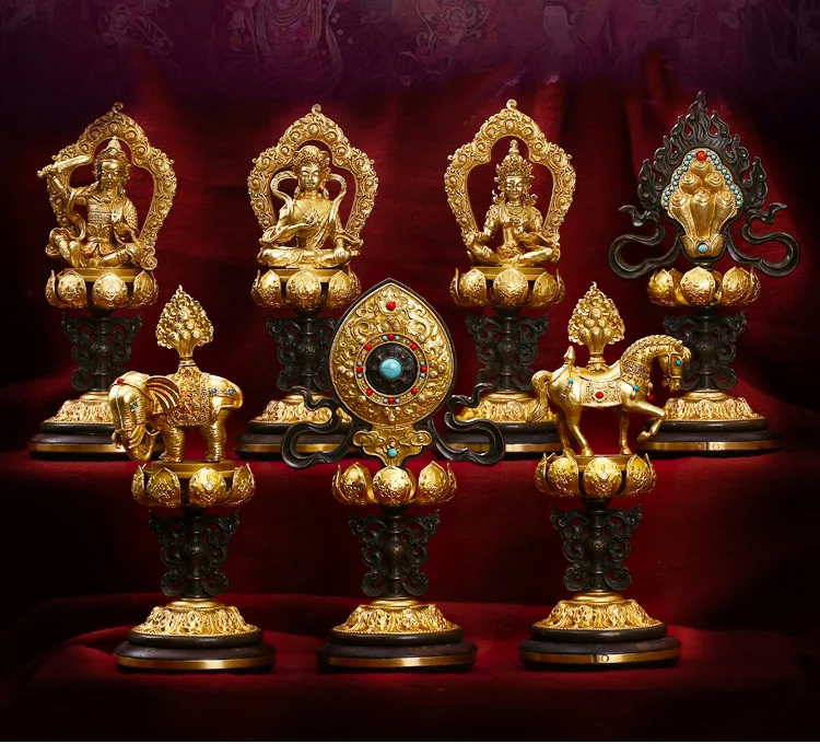 7PCS  high-grade Buddhism home altar Shrine efficacious Worship Talisman gilding QI ZHEN BAO copper statue