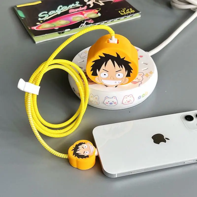 Anime One Piece Monkey D. Luffy iPhone 13 Data cable protective cover 20W Quick charging head protective case Anti breakage rope