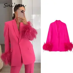 Solid Pink Feather Cuff Women Blazer Mujer Fashion Autumn Winter Single Button Basic Office Ladies Jacket Coat 2022 Outwear New