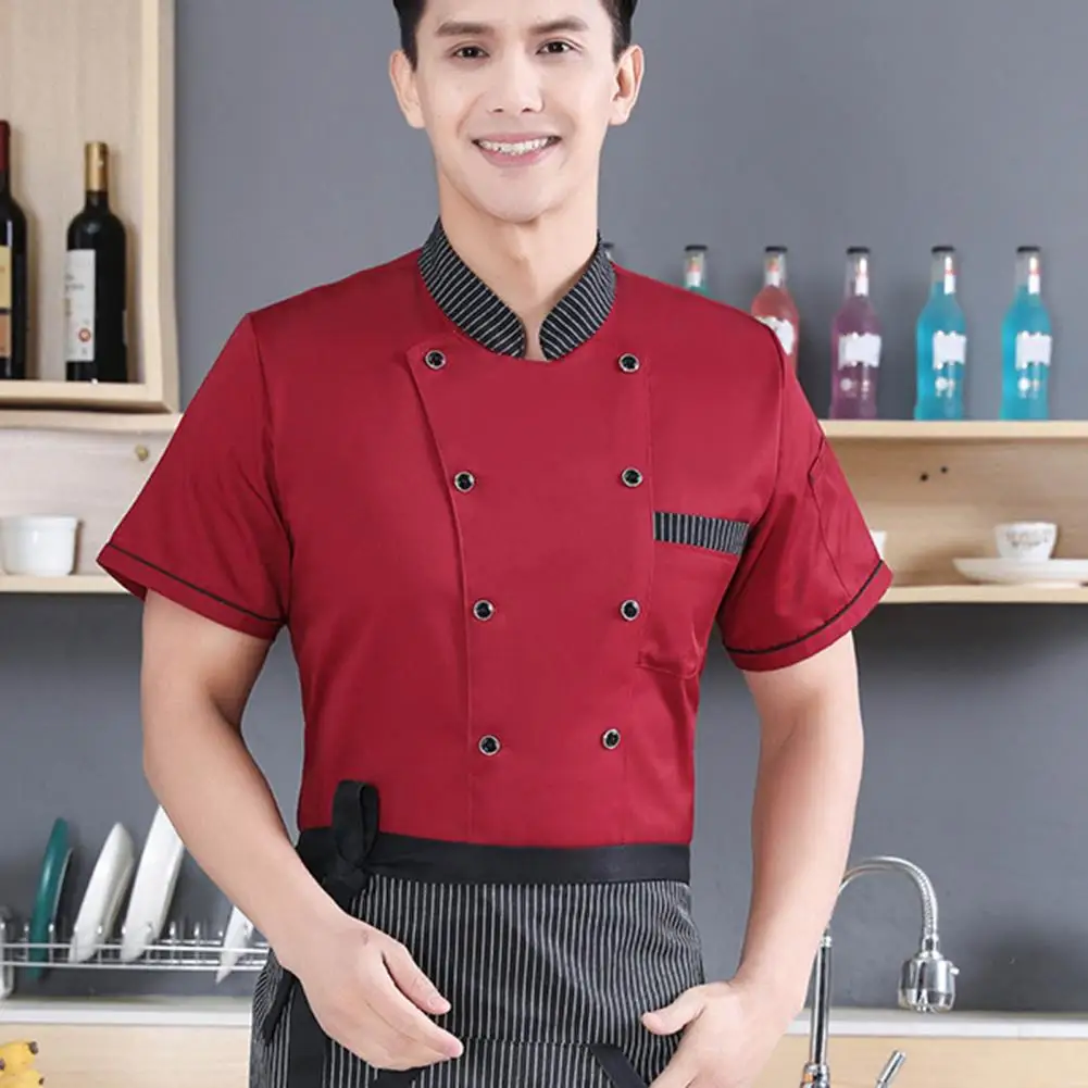 Unisex Double Breasted Stand Collar Chef Jacket, Chef camisa manga curta, Roupas de pastelaria à prova de óleo, Uniforme Restaurante, Roupas de trabalho