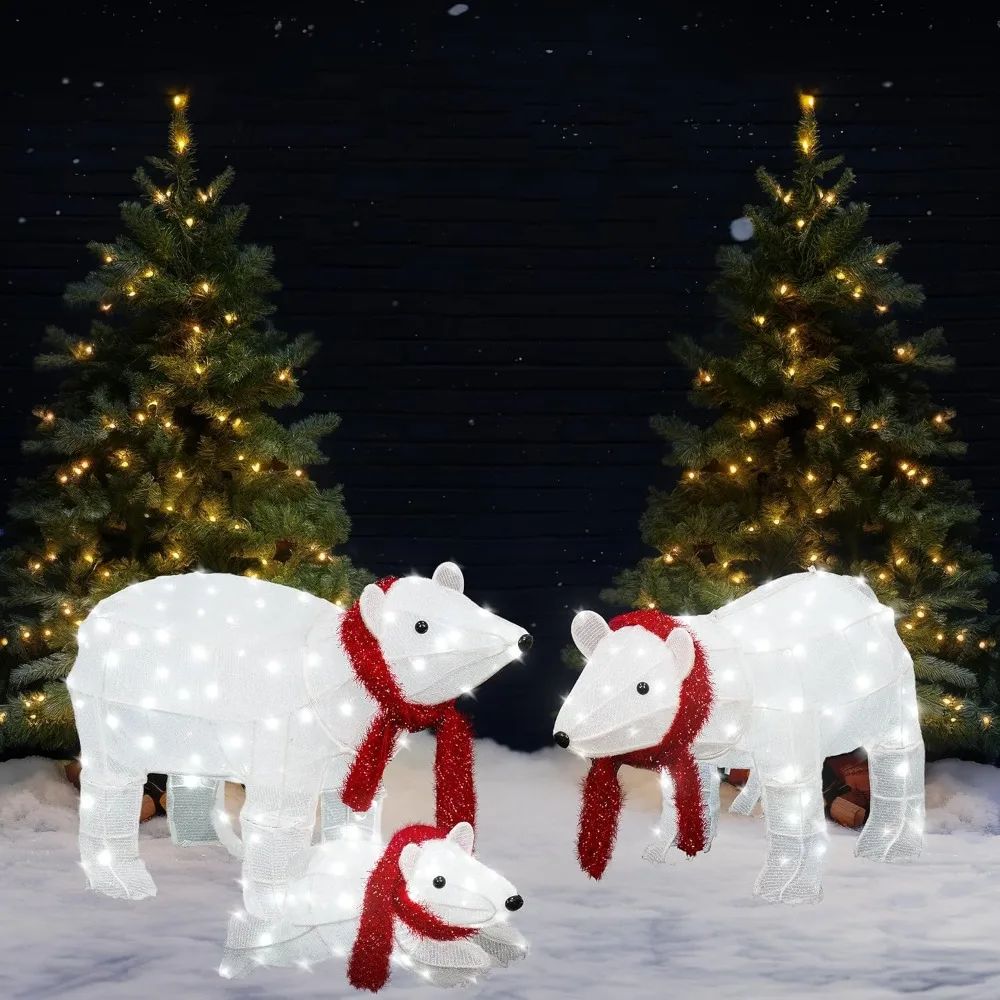 Lighted Polar Bear Family Set of 3, Light up Christmas Decoration Polar Bear with 210 LED Lights and Red Scarf