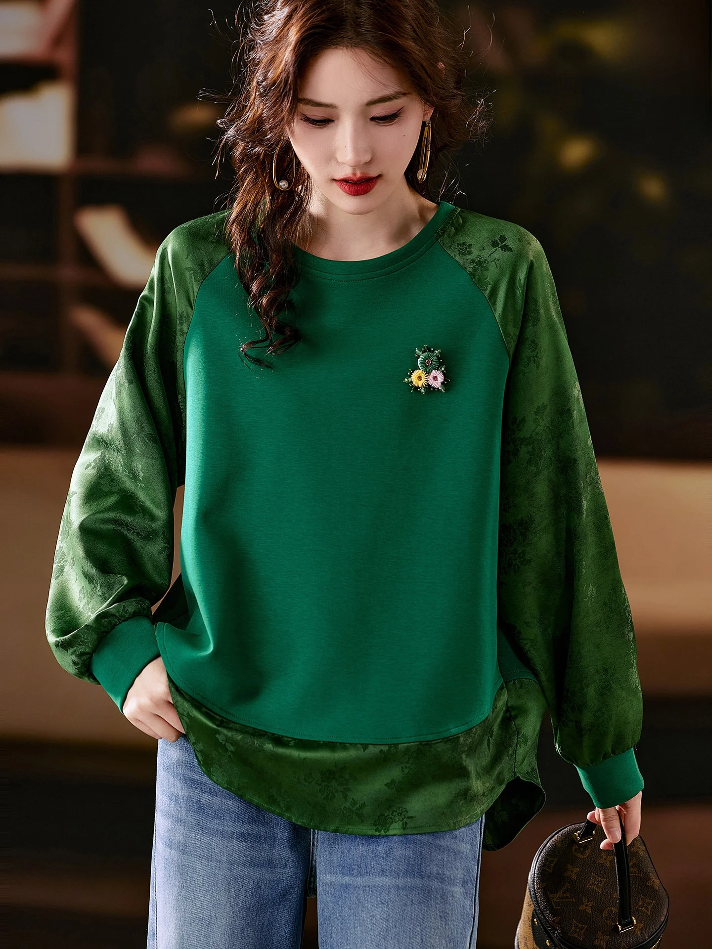 

Casual Patchwork round Ne Sweatirt Women's Winter New Sle Loose Fit Streetwear Polyester Cotton Spandex Blend Warmth