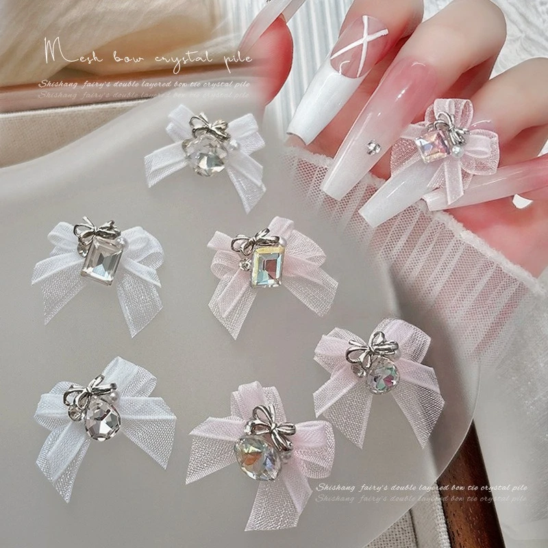 1Pc Organza Bow Nail Rhinestones New White Pink Bow Charms Large Sparkly Diamonds Popular DIY Manicure Decor Ornaments