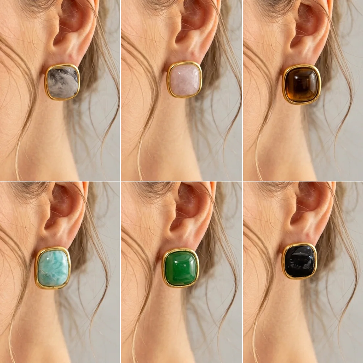 Macaron Color Ombre Stud Earrings Fresh Vintage Stainless Steel Bezel  for Women Daily Wear Lightweight Silver Earrings