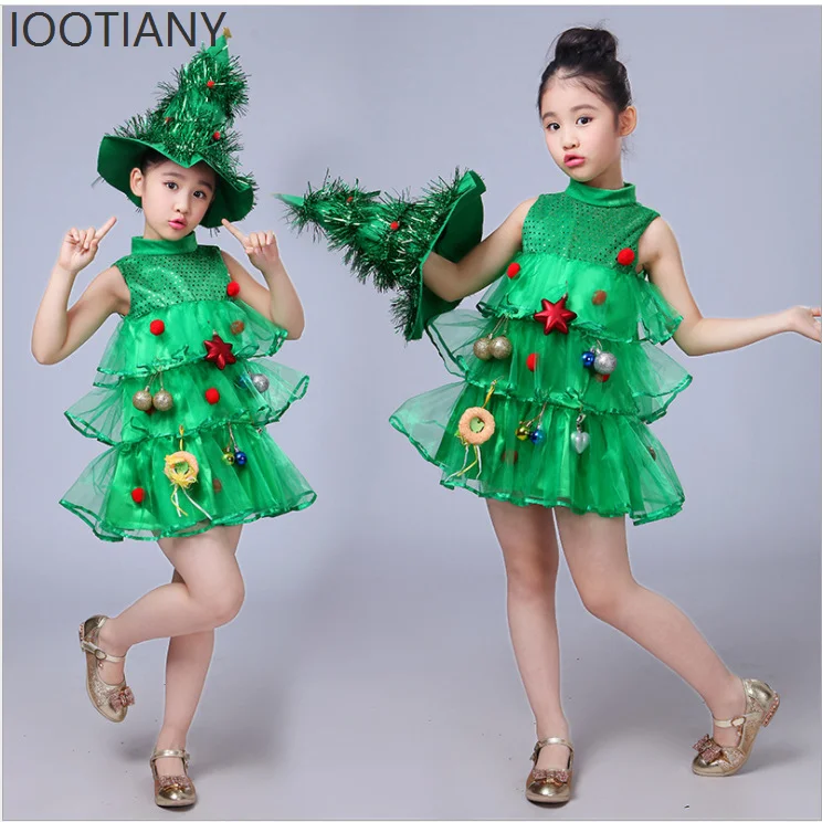 

IOOTIANY Children Girls Christmas Xmas Party New Year Green Elf Dress Cosplay Santa Claus Cute Pine Tree Dance Show Dress 2025