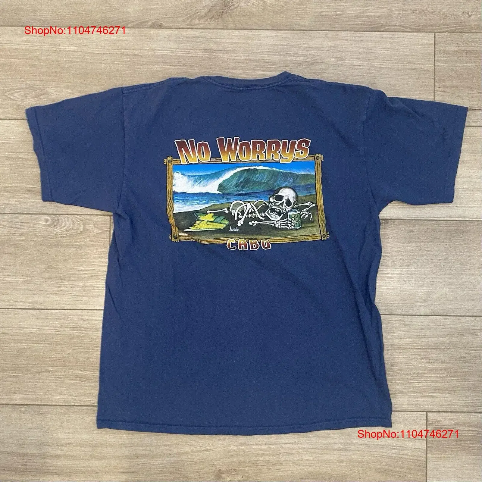 No Worrys Cabo San Lucas camiseta tamaño adulto grande azul doble cara vintage lavado ropa de diseñador cómodo versátil