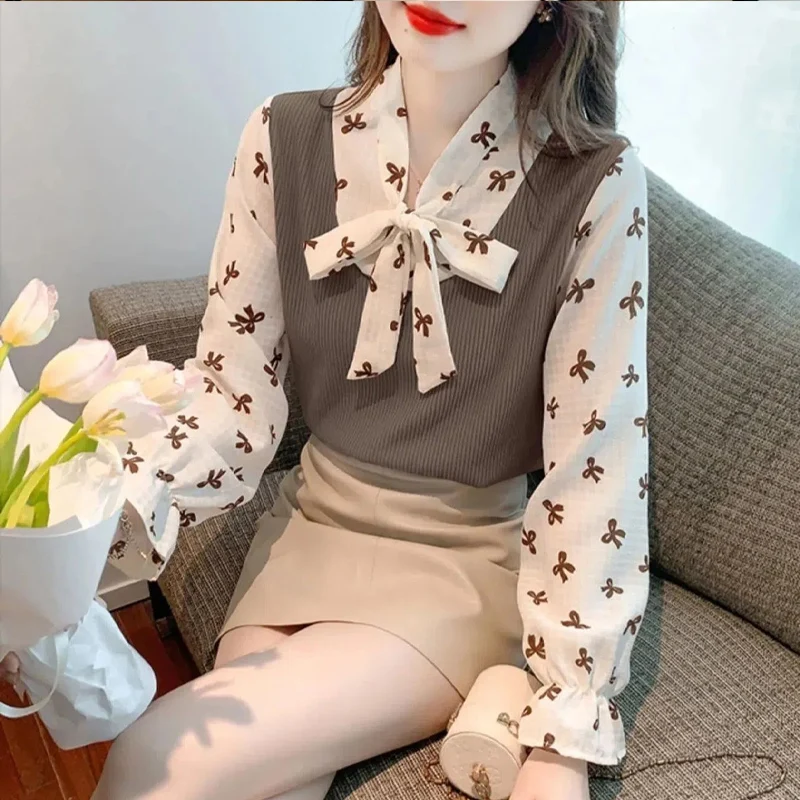 Spring Autumn Fake Two Pieces Blouse Women V-neck Fashion Long Sleeve Pullovers High Street Bow Patchwork Printing All-match Top