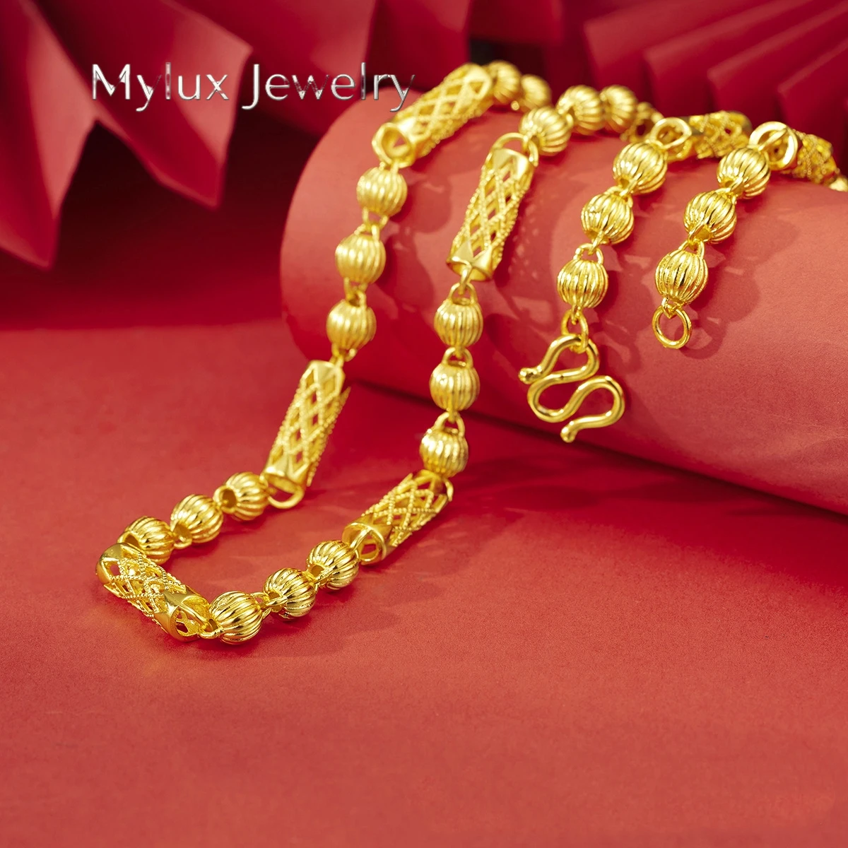 

Mylux Jewelry Luxury 24K real gold men's domineering personality hollow bead necklace au9999 gold necklace jewelry