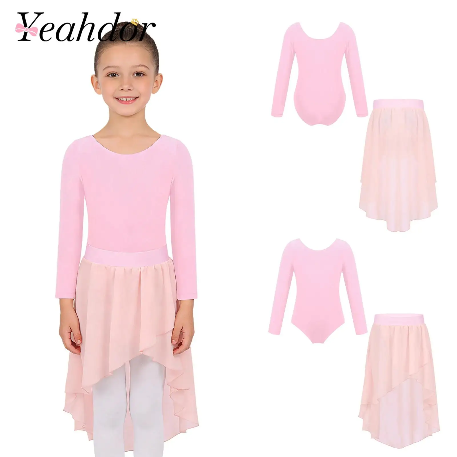 with High-low Chiffon Skirt Girls Long Sleeve Ballet Dance Costume Kids Skating Jumpsuit Gymnastics Performance Outfit Leotard