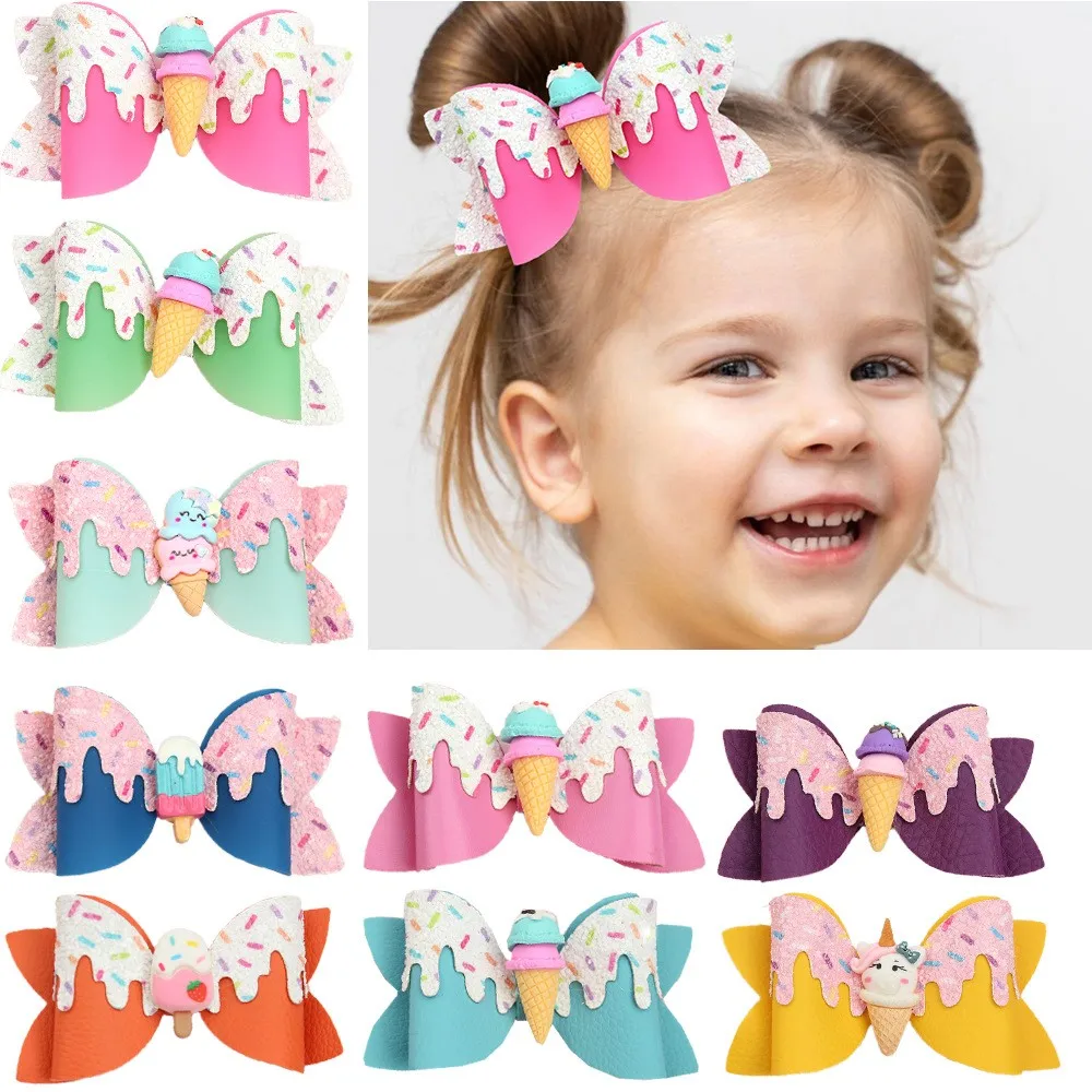 

25pcs Glitter Bow Hair Clips Cute Ice Cream Barrettes Kids PU Leather Bows Hairpins Girls Headwear Wholesale Lot for Babies
