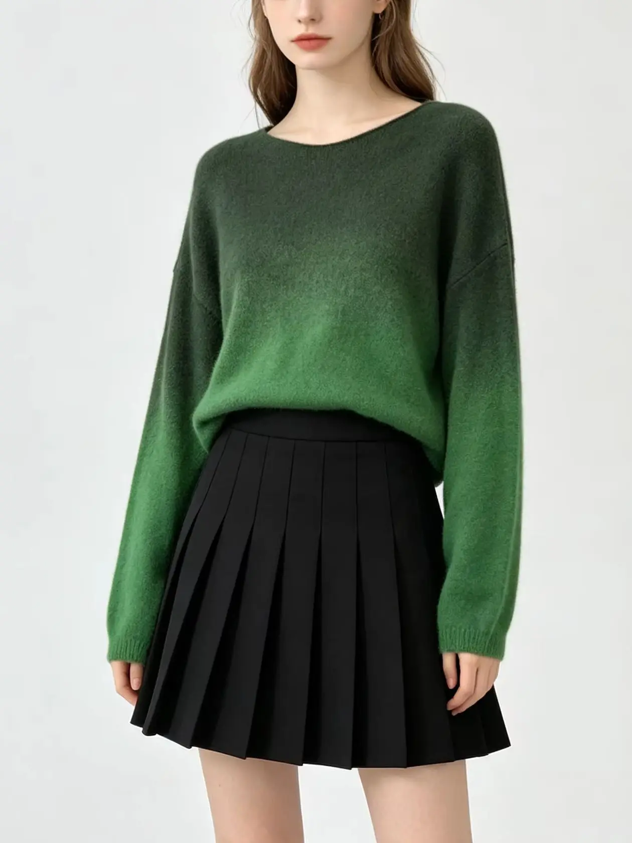 Women\'s Green Gradient O-Neck Sweater Harajuku Korean Y2k Long Sleeves Jumper Sweaters 2024 Winter College Vintage 2000s Clothes