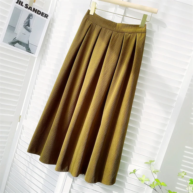 2022 Spring Autumn Elegant Velvet Pleated Skirt Women Elastic High Waist Vintage Skirt Female Midi Long All-match Skirt