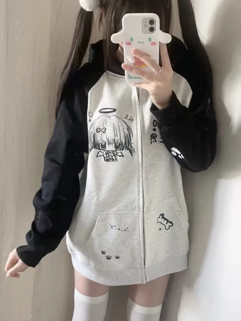 

Толстовки на молнии с капюшоном, женские толстовки в японском стиле отаку, аниме, толстовка с капюшоном для девочек Y2k, тонкая куртка, весенне-осенняя одежда, милые топы с длинными рукавами