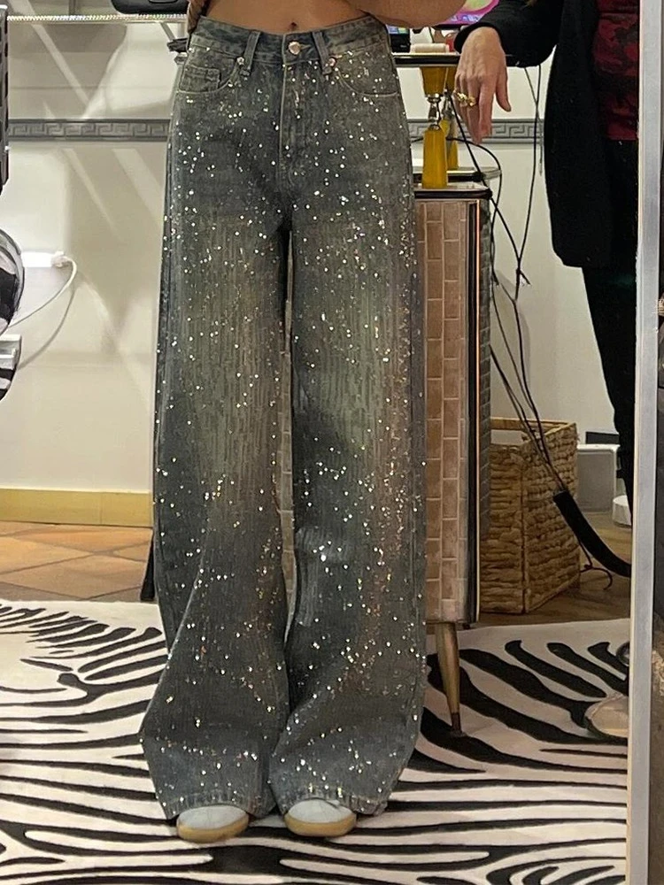 American retro heavyweight starry hot stamping splicing jeans spicy girl design sparkling and shiny floor length pants
