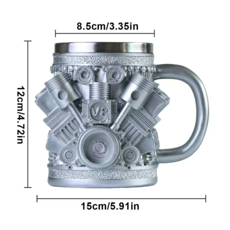 

1 шт., чашки из нержавеющей стали с дизайном двигателя V8, кружки, кофейные чашки, украшения, идеальные подарки для любителей автомобилей