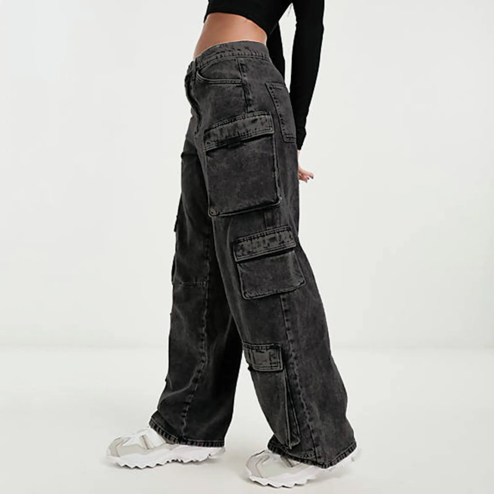 Four Seasons Women's Loose Wide Leg Dark Grey Solid Color Multi Pocket Cargo Jean Pants Casual Trendy High Street Denim Trousers