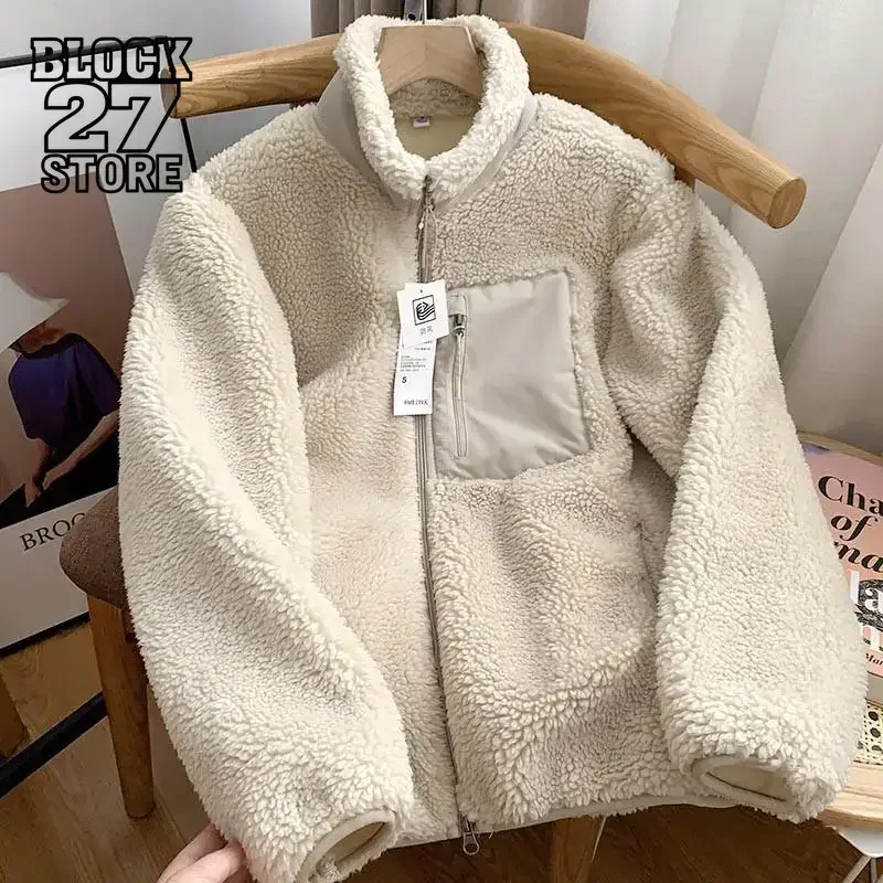 Harajuku Autumn Winter Fleece Stand Neck Jacket Men Couple Zipper Loose Fit Warm Lamb Wool Coat Solid Color Streetwear Jacket