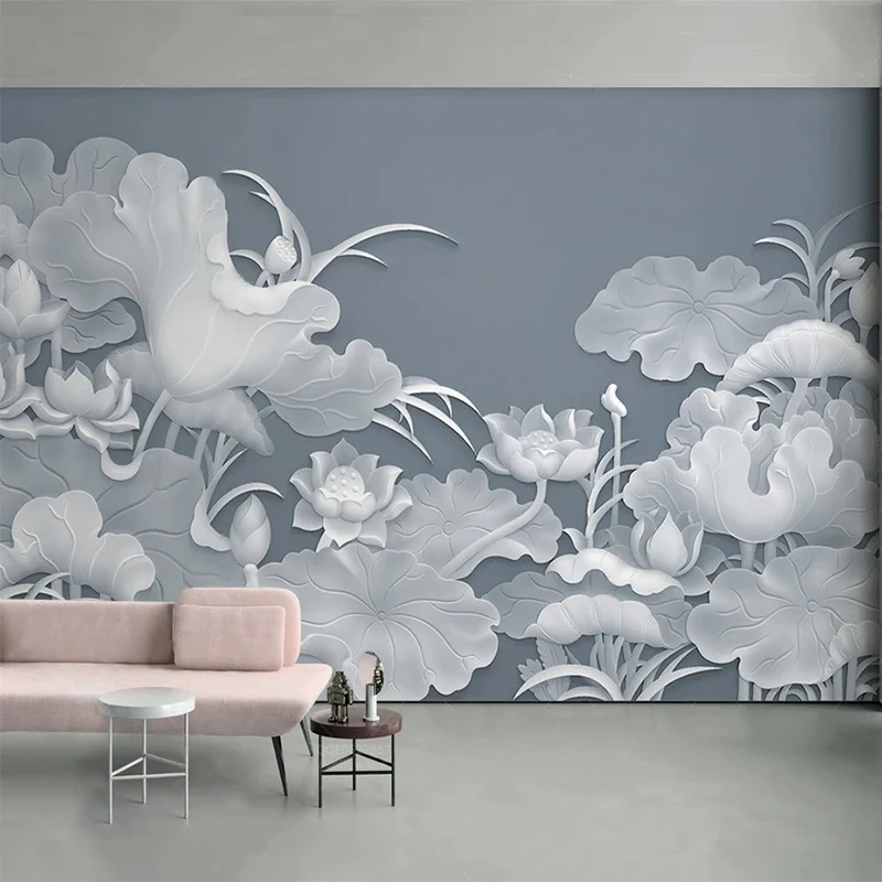 Chinese Style 3D Lotus Leaf Wall Mural White Embossed Wallpaper for Living Room Bedroom TV Background Luxury Home Decor