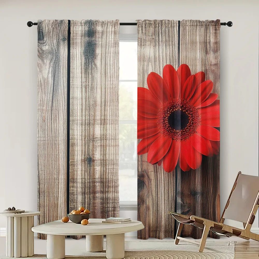 2pc,  Drapes Flowers on foreground Red Dahlia Featured Date Planks Vintage Protecting Privacy Wall Decor Applies to With rod