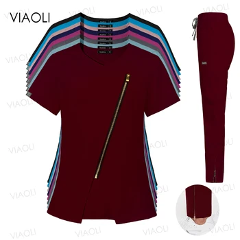 Traje de trabajo de esteticista de alta calidad, ropa de trabajo de enfermería para el cuidado de la salud, accesorios de Escuela de Medicina, uniforme de enfermera exfoliante, Top + Pantalones rectos