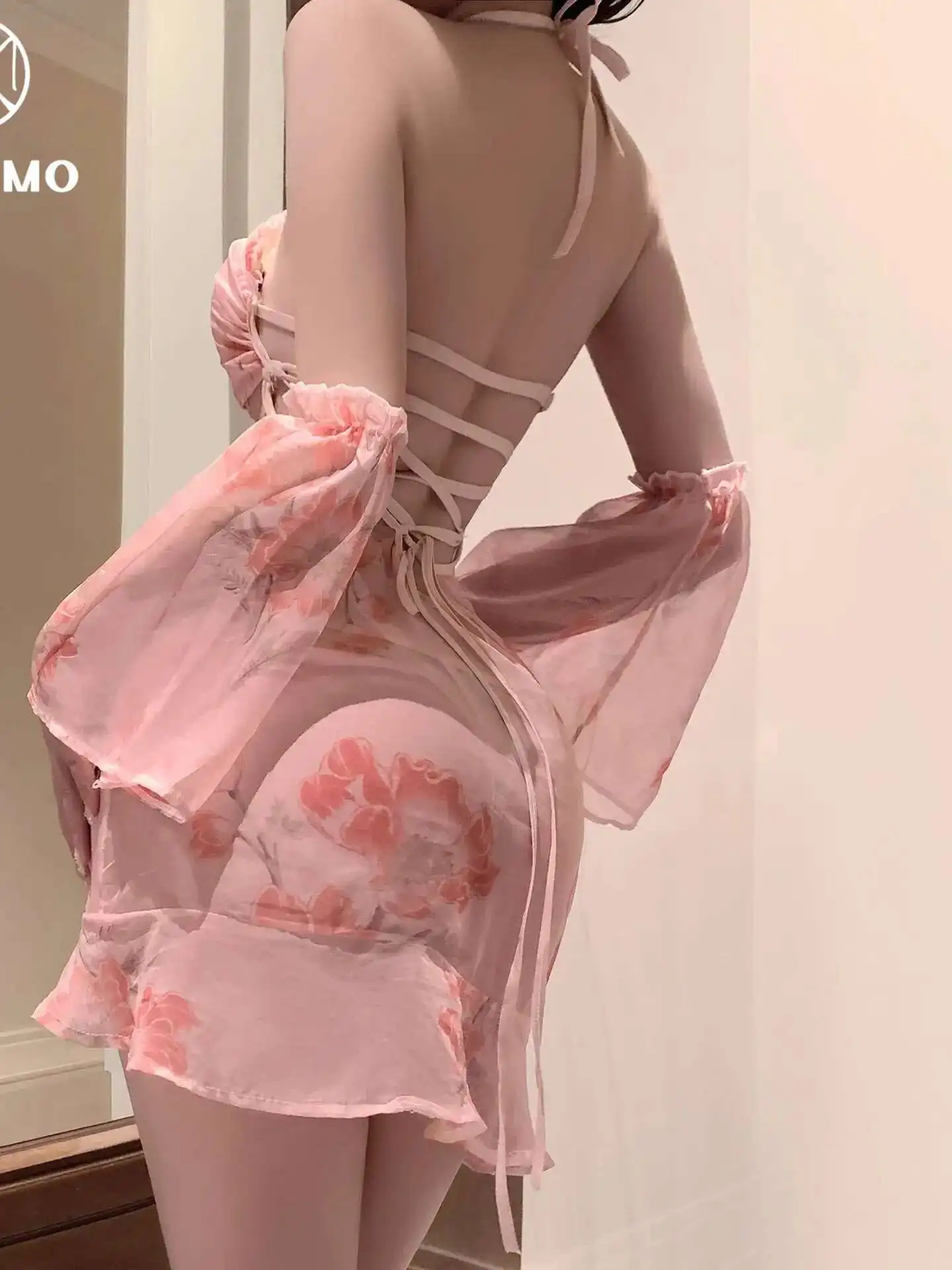 Sweet Flower Printed Sleepwear Dress Pure Desire Casual Style Backless Deep V Hanging Neck Sleeveless Pleated Dress Elegant LK54