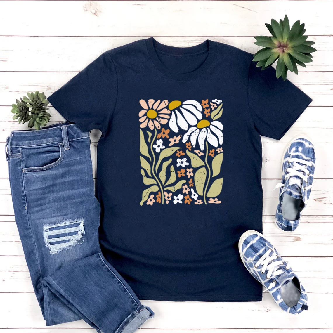 Camiseta flor selvagem boho flores silvestres floral natureza camisas vintage manga curta camisetas femininas flores selvagens roupas femininas