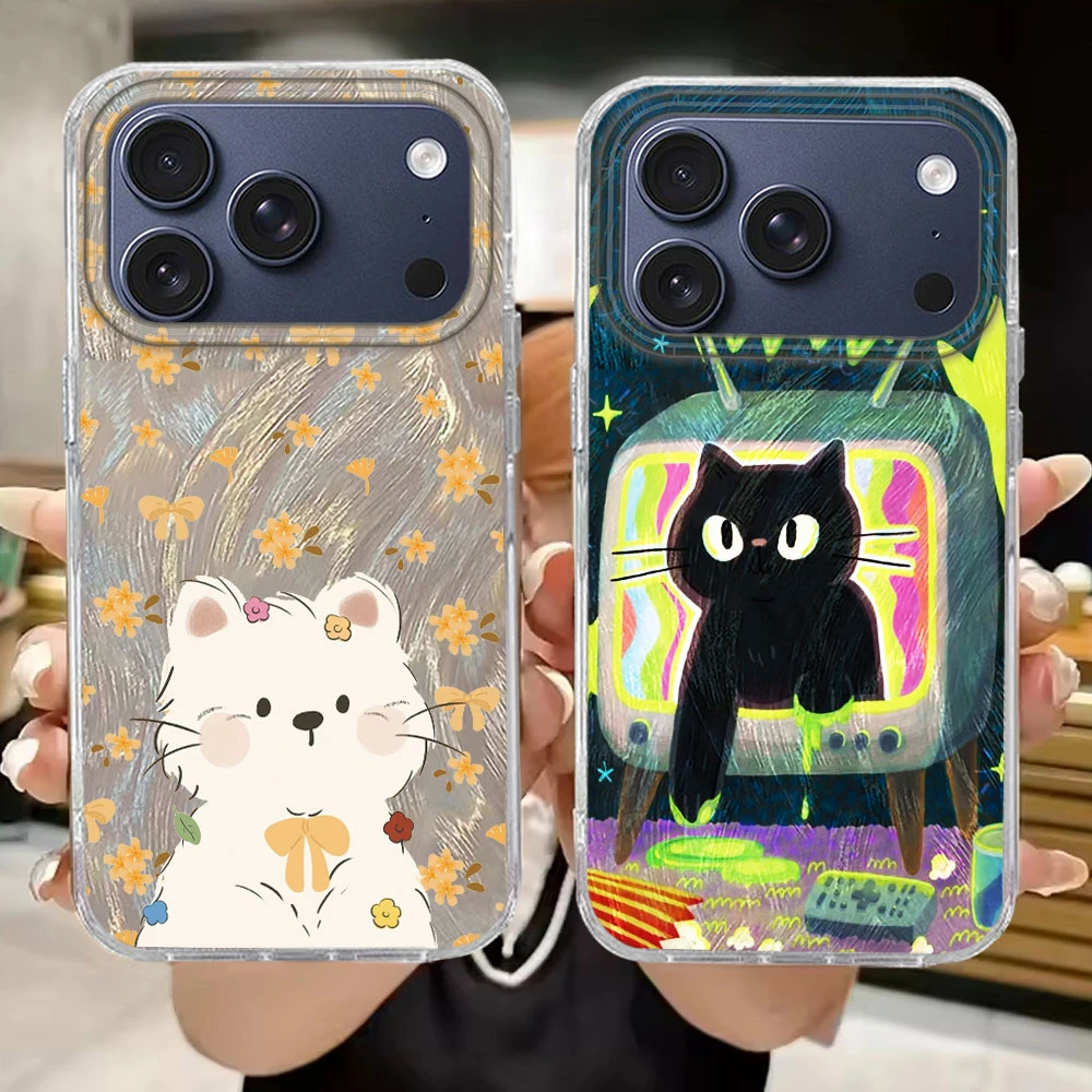 Frauen für IPhone 17 Air 16 16e 15 14 13 12 Pro Max 7 8 Plus X XS XR SE 2022 Cartoon Schwarz TV Katze Blume Telefon Fall Mädchen Abdeckung