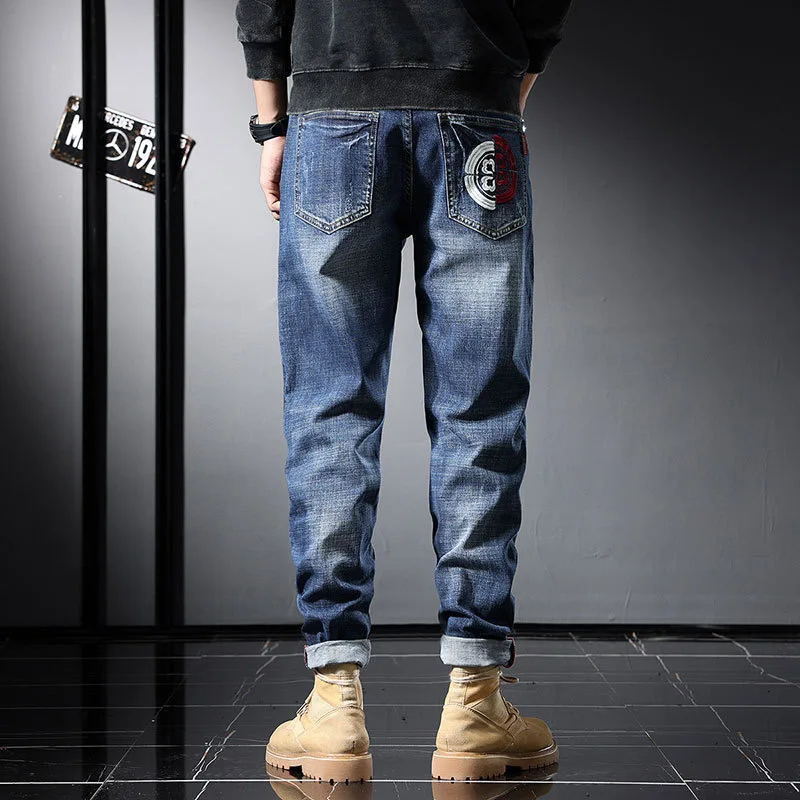 Winter Yellow And Black Men's 3D Text Jeans Men's Marble Decoration Fashionable Straight Tube Gradient Color Pants Slim Fit 024