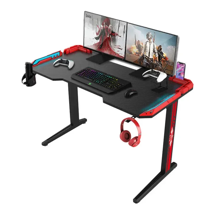 Carbon Fiber Black Cool PC Gaming Table E-sports Computer Gaming Desk RGB Led Light Gaming Desk with Double Headphone Hook