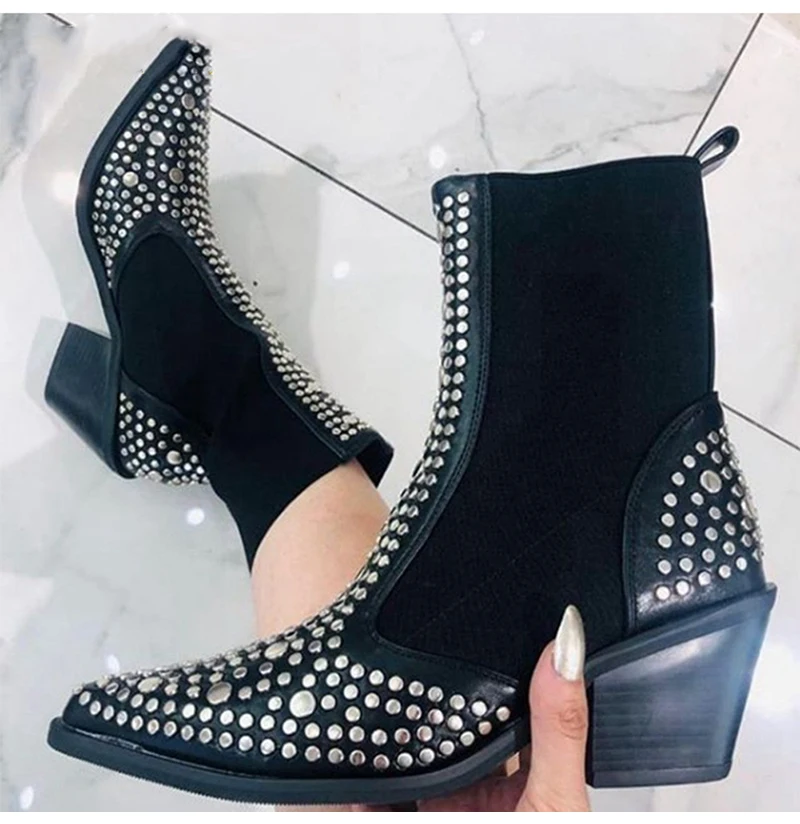 Women Chelsea Boots Women\'s Cool Rivet Ankle Boots Ladies Fashion Pointed Toe Mid Heels Autumn Woman Slip On Pumps Female Shoes