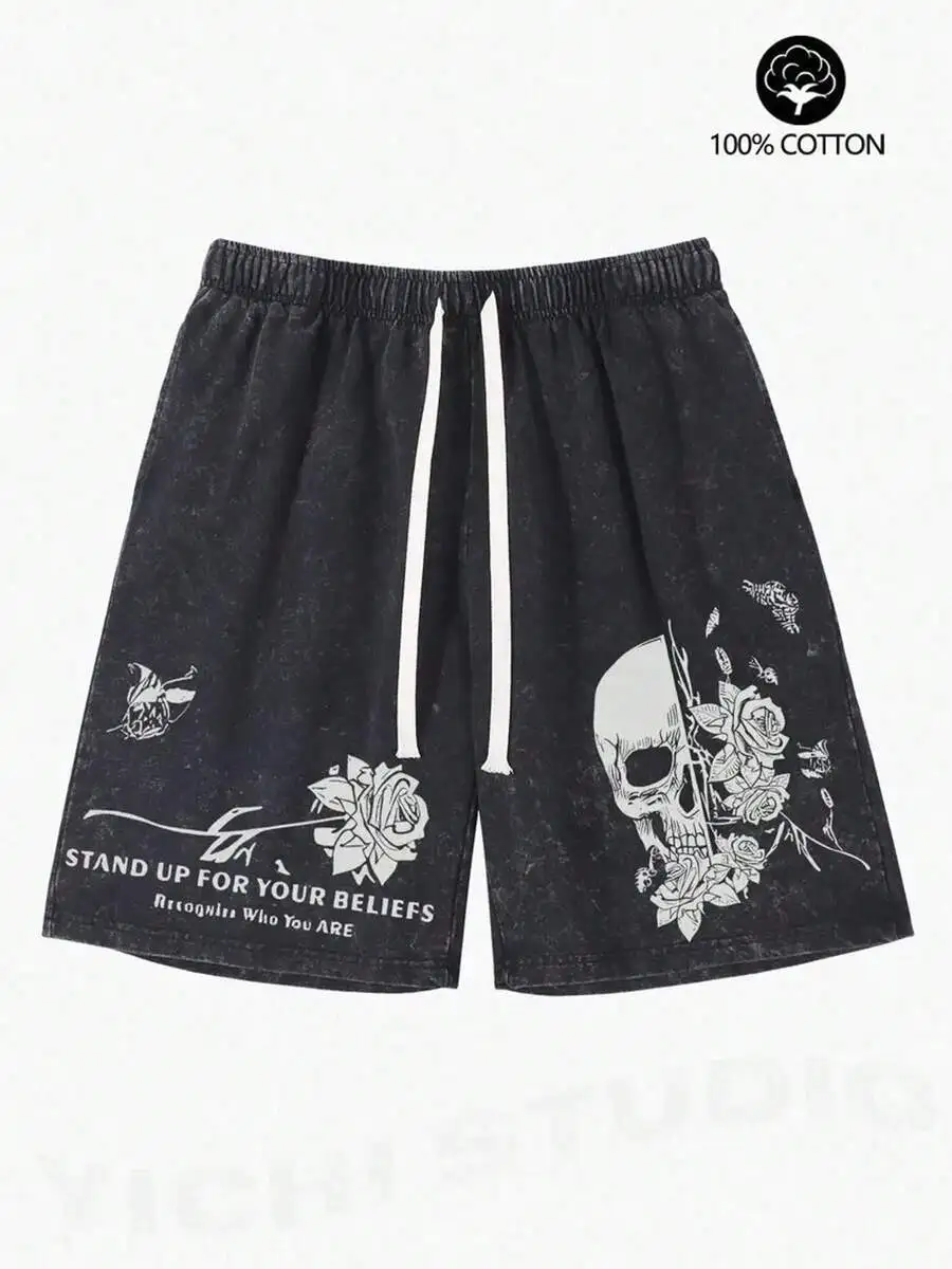Mens Cotton Drawstring Shorts Skull And Rose Print Loose Fit Casual Streetwear Summer