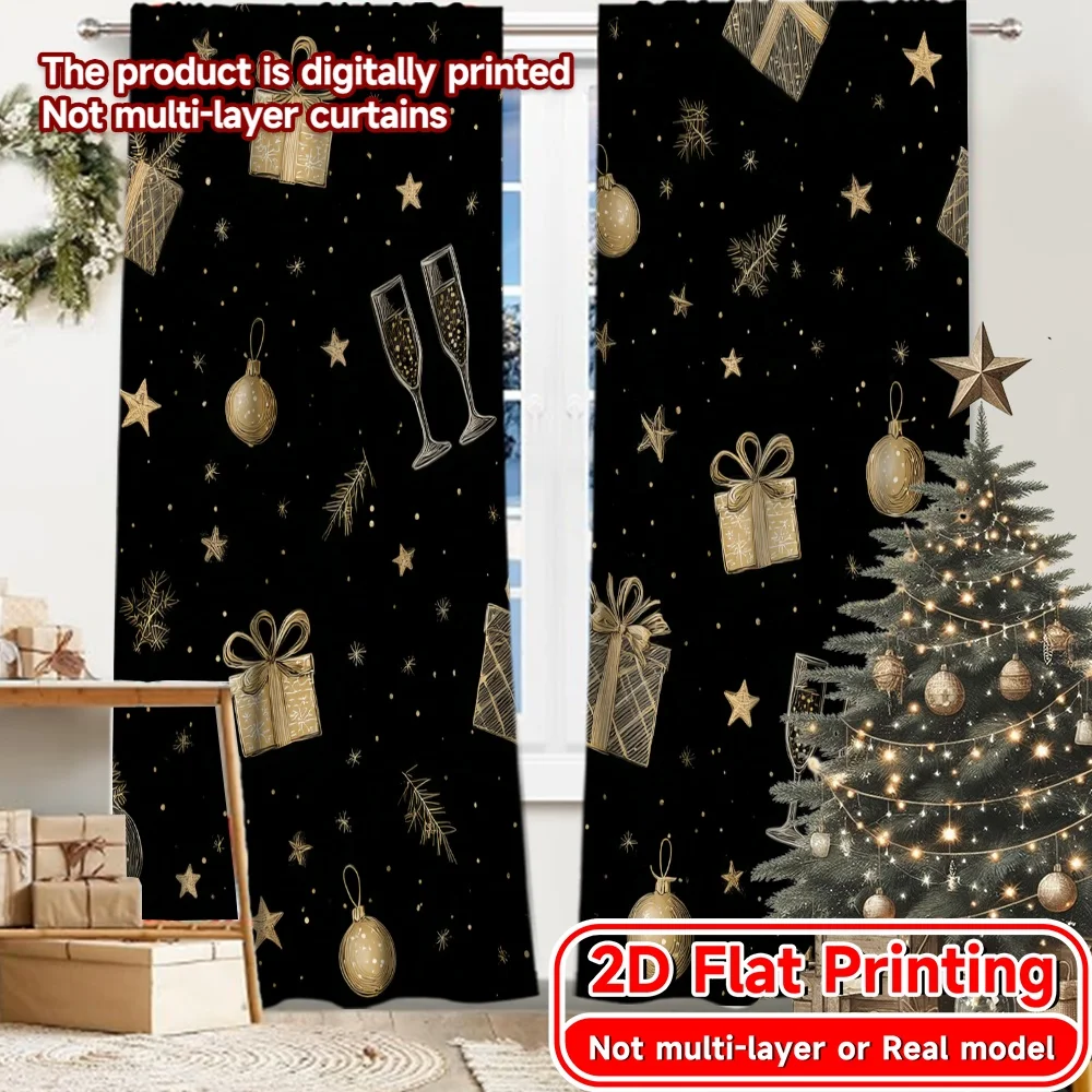 2D Flat Printing,2pcs Golden New Year 2026(1) Popular Creative Curtains Versatile Fabric Curtains Room Decor Perfect for Bedroom