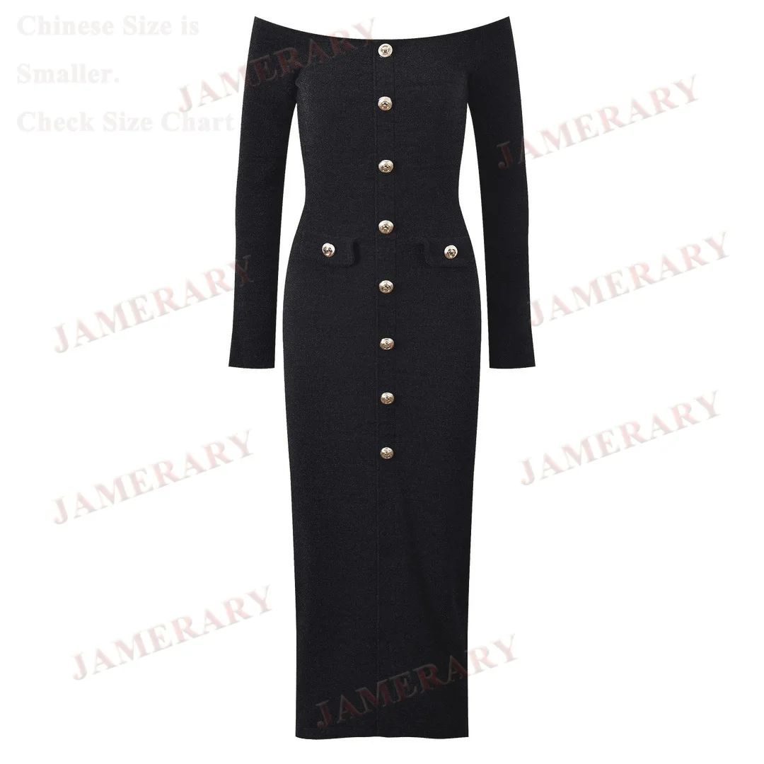 

Autumn Winter Knitting Sweater Dress Women Single Breasted Long Sleeve Sheath Dresses Lady Crystal Retro Party Vestidos